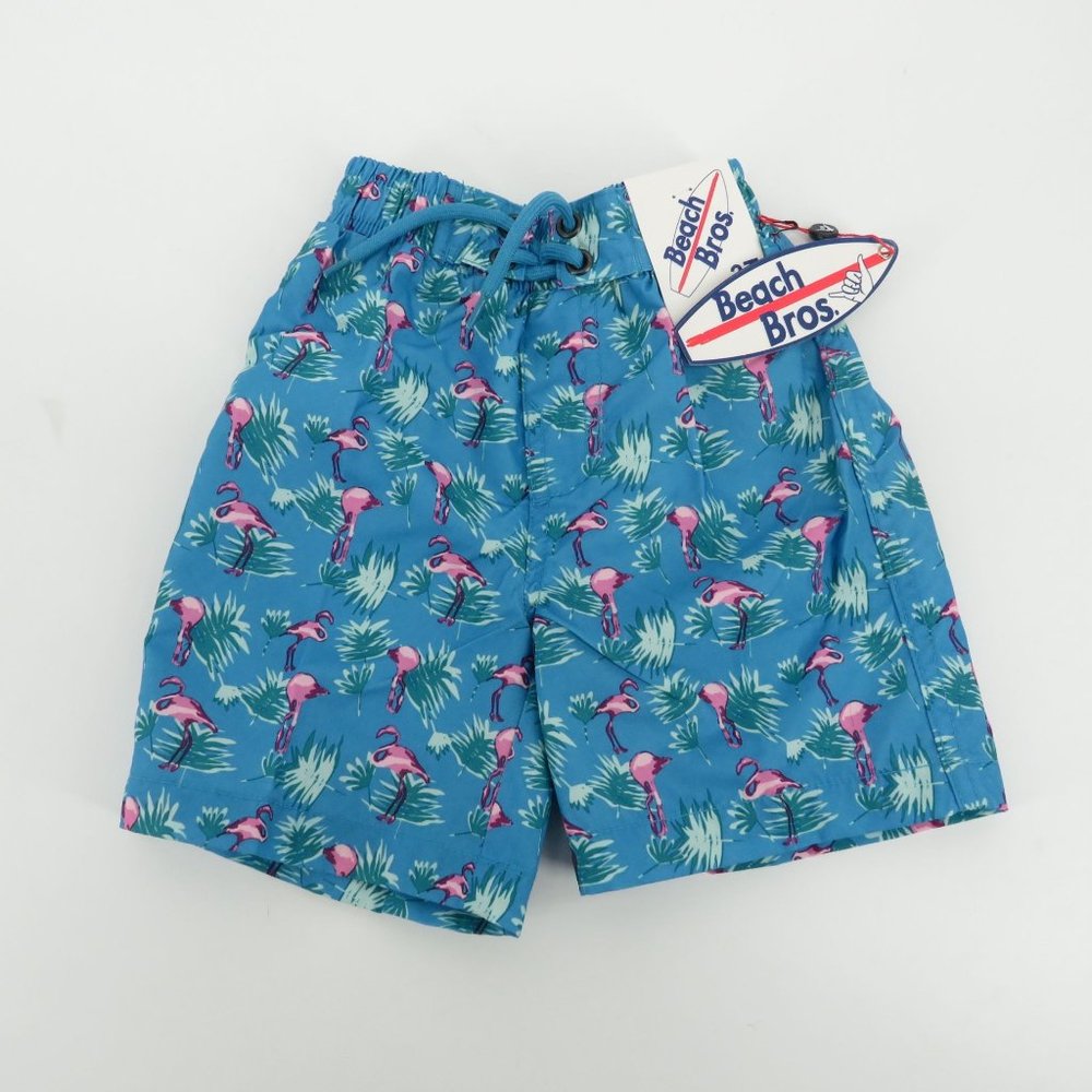 Beach Bros Kids Flamingo Print Blue Swim Trunks Drawstring Waist 3T NWT $28
